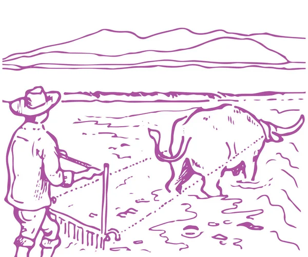 Zeichnung Oder Skizze Eines Bauern Der Mit Einer Kuh Auf — Stockvektor