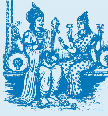 Lord Vishnu ve Tanrıça Lakshmi 'nin çizimi ya da çizimi Düzenlenebilir Çizim