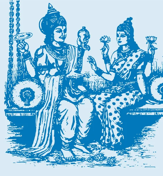 Tekening Schets Van Heer Vishnu Godin Lakshmi Samen Zittend Bewerkbare — Stockvector