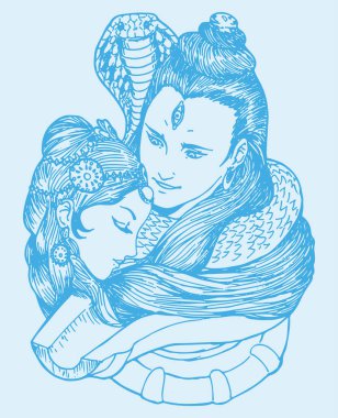 A drawing or sketch of Lord Shiva and Parvati editable outline illustration clipart