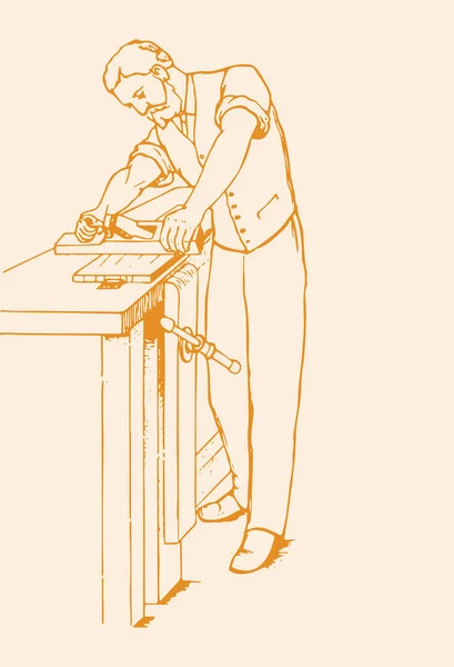 Рисунок Эскиз Человека Работающего Деревянными Деревянными Инструментами Заводе Резка Измерение — стоковый вектор