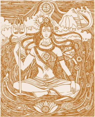 Hindistan 'ın ünlü ve güçlü tanrısı Lord Shiva' nın çizimi veya çizimi ve sembolleri düzenlenebilir siluet çizimi