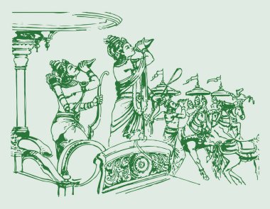 Drawing or Sketch of the hindu epic Mahabharata's Lord Krishna showing vishwaroopa and telling the Gita in a Kurukshetra War editable outline illustration clipart