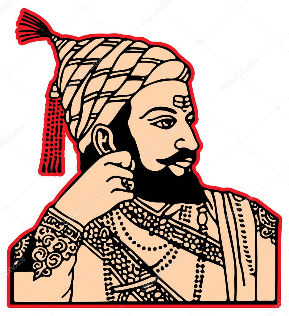 Drawing or Sketch of Chhatrapati Shivaji Maharaj Indian Ruler and a member of the Bhonsle Maratha clan outline, silhouette editable illustration