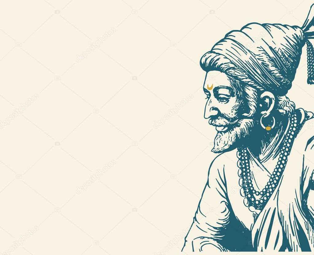 Drawing or Sketch of Chhatrapati Shivaji Maharaj Indian Ruler and a member of the Bhonsle Maratha clan outline, silhouette editable illustration