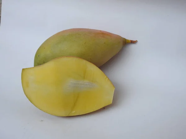 Closeup Single Group Totapuri Raw Mango Sliced Fruit Isolated White — Stok Foto