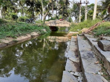 Kolakarana Doddi, Mandya Bölgesi, Karnataka, Hindistan 'daki güzel su kanalı ve göletin yakınları.