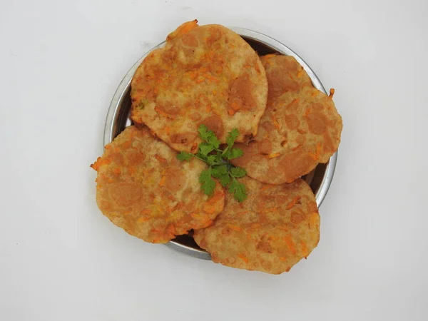 Closeup Home Made Carrot Puri Poori Vegetable Curry Cup Big — Stok Foto