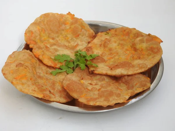 Closeup Home Made Carrot Puri Poori Vegetable Curry Cup Big — Stok Foto