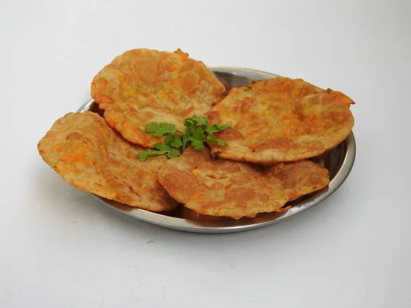 Closeup Home Made Carrot Puri Poori Vegetable Curry Cup Big — Stok Foto