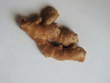 Group of Spice and Medicinal Fresh ginger rhizome with green leaves isolated on white background.