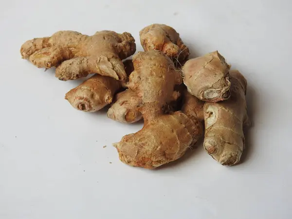 Group Spice Medicinal Fresh Ginger Rhizome Green Leaves Isolated White — Photo