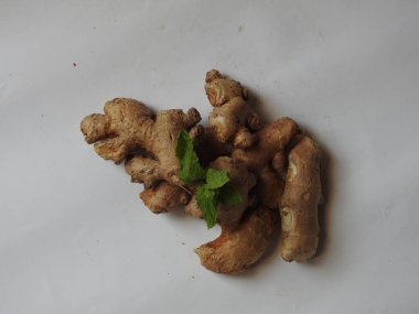 Group of Spice and Medicinal Fresh ginger rhizome with green leaves isolated on white background.