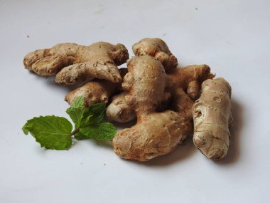 Group of Spice and Medicinal Fresh ginger rhizome with green leaves isolated on white background.