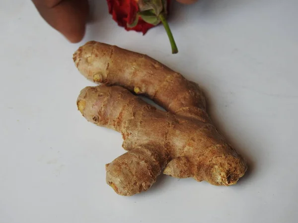 Group Spice Medicinal Fresh Ginger Rhizome Green Leaves Isolated White — Stock fotografie