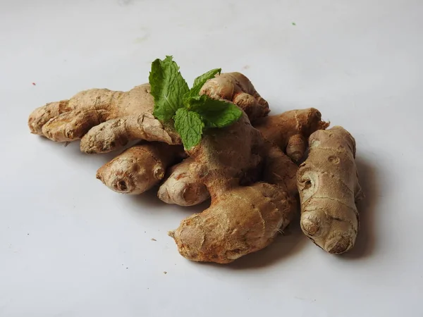 Group Spice Medicinal Fresh Ginger Rhizome Green Leaves Isolated White — Stockfoto