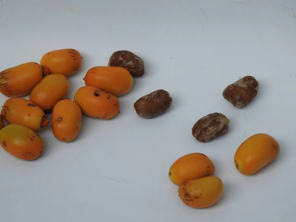 Closeup Golden Yellow Color Young Raw Zehidi Dates Seeds Isolated — Fotografia de Stock