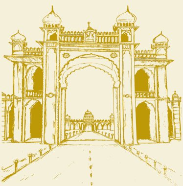 Karnataka Turizm Mirası Şehri Mysore Amba Vilas Sarayı Giriş Kemeri 'nin çizimi veya çizimi
