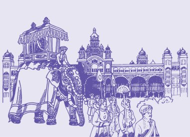 Drawing or Sketch of Mysore Dasara Elephant Jumbo Savari in front of palace outline editable illustration clipart