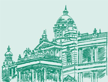 Drawing or Sketch of Famous Wodeyar Second Largest Palace in Mysore Lalitha Mahal Editable Outline Illustration clipart