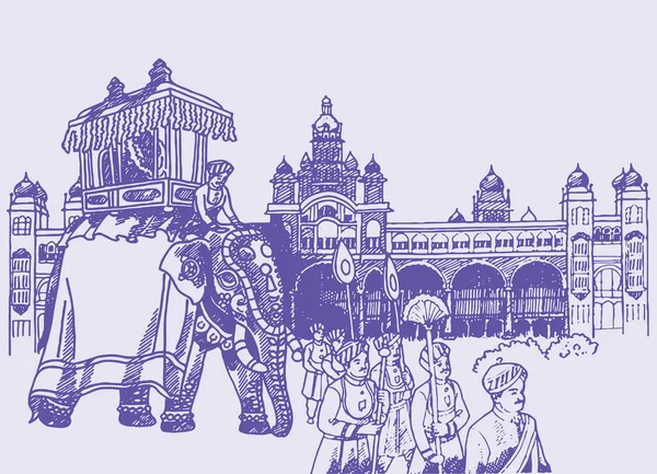 Tekening Tekening Van Mysore Dasara Elephant Jumbo Savari Voor Paleis — Stockvector