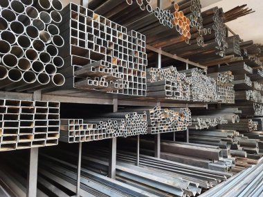Closeup of different design and shapes of Mild Steel Railing materials in the shop of sale using in the building construction.