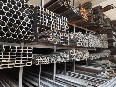 Closeup of different design and shapes of Mild Steel Railing materials in the shop of sale using in the building construction.