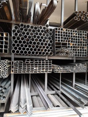 Closeup of different design and shapes of Mild Steel Railing materials in the shop of sale using in the building construction.