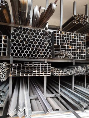Closeup of different design and shapes of Mild Steel Railing materials in the shop of sale using in the building construction.