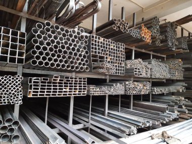 Closeup of different design and shapes of Mild Steel Railing materials in the shop of sale using in the building construction.