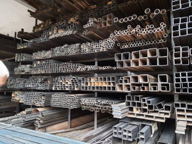 Closeup of different design and shapes of Mild Steel Railing materials in the shop of sale using in the building construction.