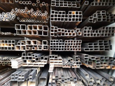 Closeup of different design and shapes of Mild Steel Railing materials in the shop of sale using in the building construction.