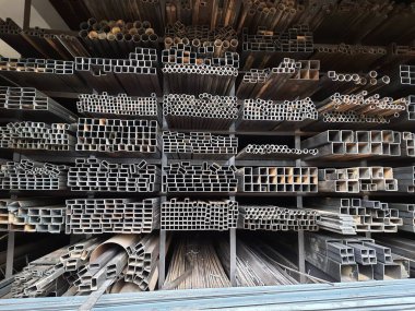 Closeup of different design and shapes of Mild Steel Railing materials in the shop of sale using in the building construction.