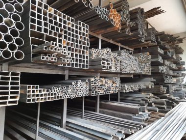 Closeup of different design and shapes of Mild Steel Railing materials in the shop of sale using in the building construction.