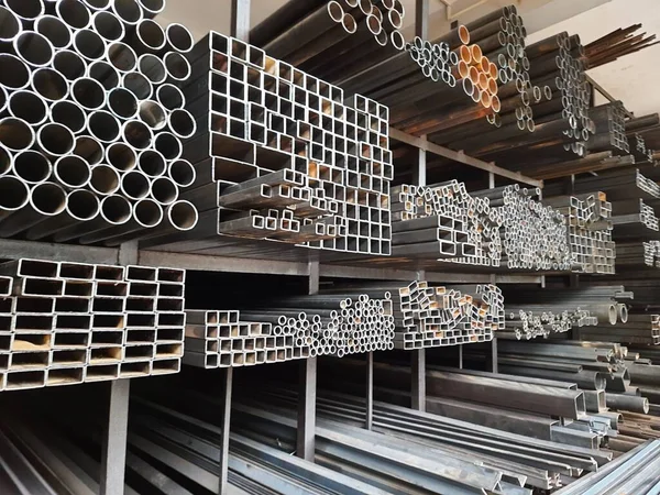 Closeup of different design and shapes of Mild Steel Railing materials in the shop of sale using in the building construction.