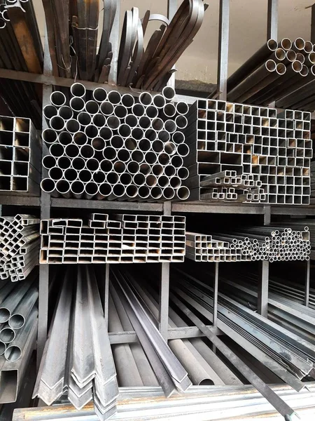 Closeup of different design and shapes of Mild Steel Railing materials in the shop of sale using in the building construction.