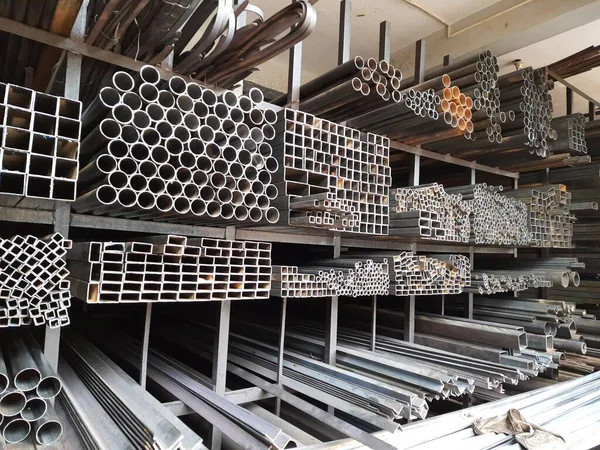 Closeup of different design and shapes of Mild Steel Railing materials in the shop of sale using in the building construction.