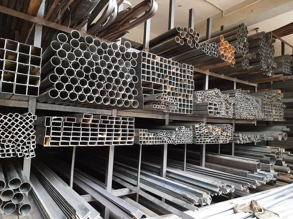 Closeup of different design and shapes of Mild Steel Railing materials in the shop of sale using in the building construction.