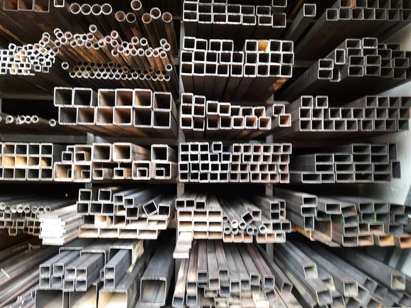 Closeup of different design and shapes of Mild Steel Railing materials in the shop of sale using in the building construction.