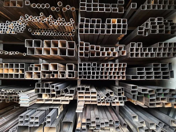 Closeup of different design and shapes of Mild Steel Railing materials in the shop of sale using in the building construction.
