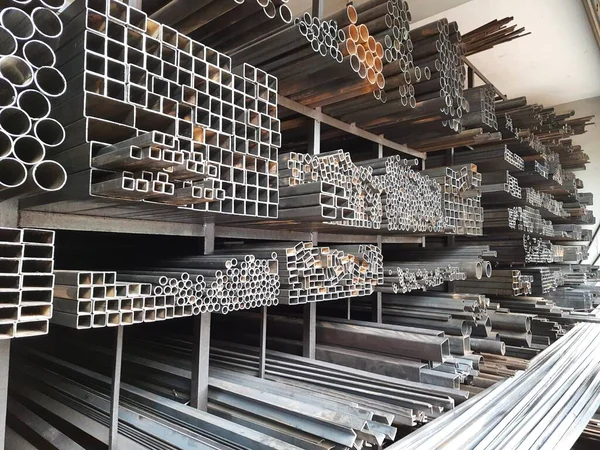 Closeup of different design and shapes of Mild Steel Railing materials in the shop of sale using in the building construction.