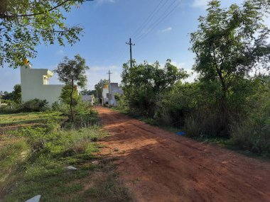 Yakın plan ve güzel bir Hint köyü manzarası. Kum yolları doğa ya da orman arka planında.