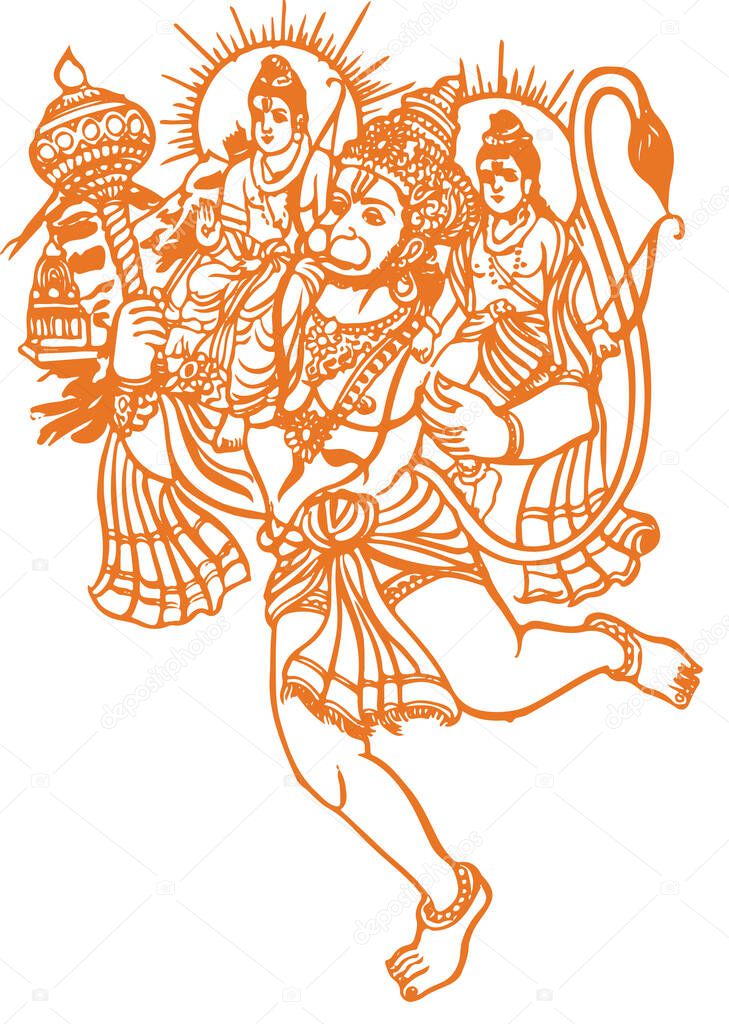 Drawing or Sketch of Lord Hanuman Outline Editable Illustration. Strength and Powerful god Bhajarangi or Lord Shiva