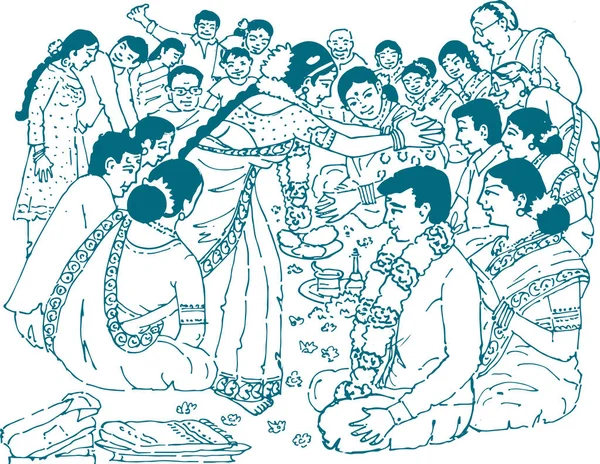 印度婚礼卡片或结婚仪式的绘画或素描可编辑的轮廓说明和设计要素 — 图库矢量图片