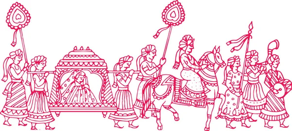 Zeichnung Oder Skizze Der Indischen Hochzeitskarte Oder Hochzeitsrituale Editierbare Umrisse — Stockvektor