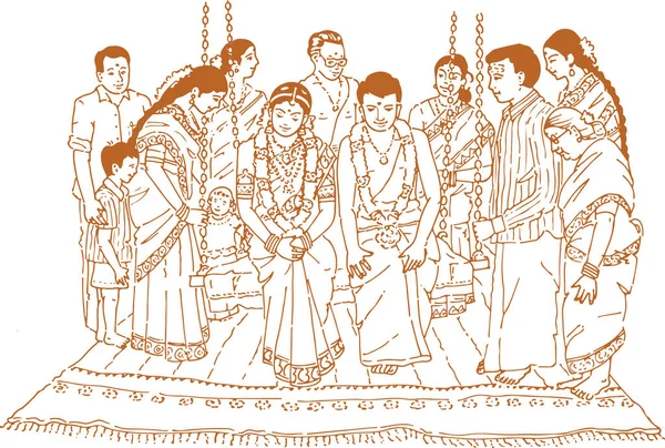 Zeichnung Oder Skizze Der Indischen Hochzeitskarte Oder Hochzeitsrituale Editierbare Umrisse — Stockvektor