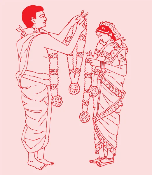 インドの結婚式カードや結婚式の儀式の図面やスケッチ編集可能なアウトラインイラストやデザイン要素 — ストックベクタ