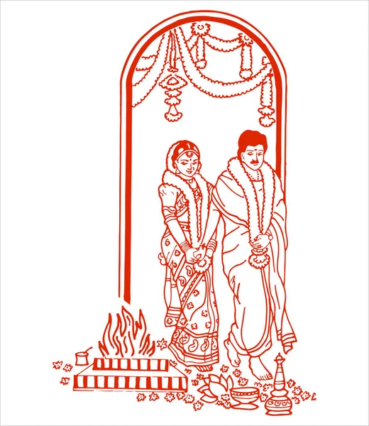 Σχέδιο Σκίτσο Της Ινδικής Κάρτας Γάμου Τελετουργίες Γάμου Επεξεργάσιμο Περίγραμμα — Διανυσματικό Αρχείο