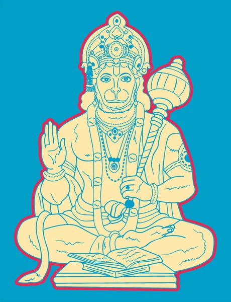 Dibujo Boceto Del Dios Poderoso Hindú Señor Hanuman Ilustración Contorno — Vector de stock