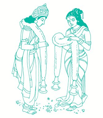 Hindistan 'da geleneksel gelin-damat geleneğinin çizimi ya da çizimi düzenlenebilir resimlerle çelenk değiş tokuşu yapıyor.